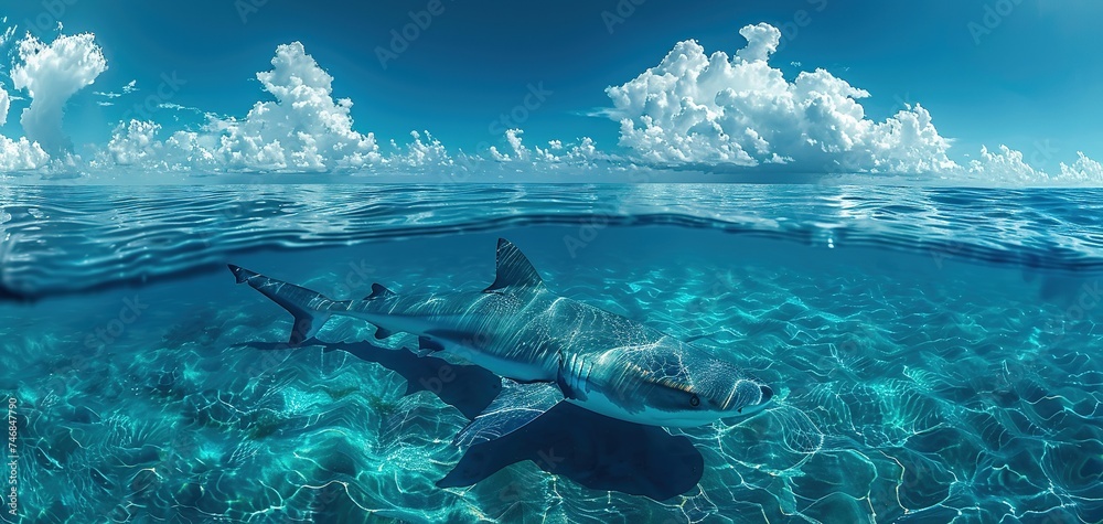 Tiger shark swimming in shallow water during a shark dive Tiger shark swimming in shallow water during a shark dive
