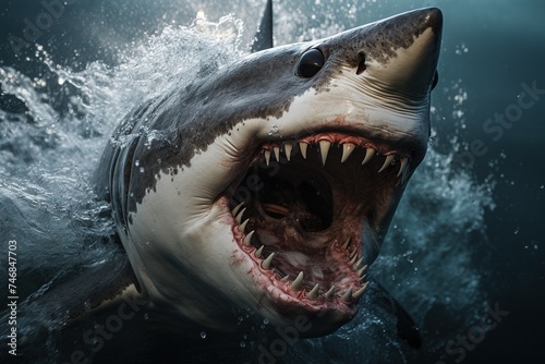 A plus four meter great white shark jumping out of the water with an open mouth full of teeth photo