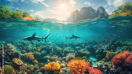 beautiful seaview waterline waves in a shallow and sharks swimming by corals