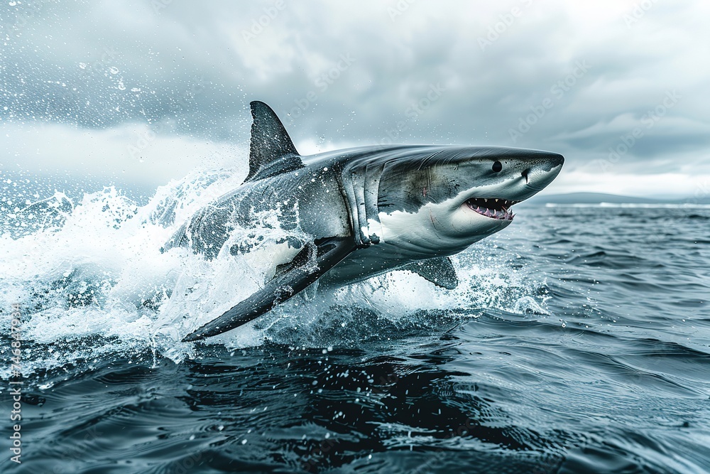 A plus four meter great white shark jumping out of the water with an open mouth full of teeth