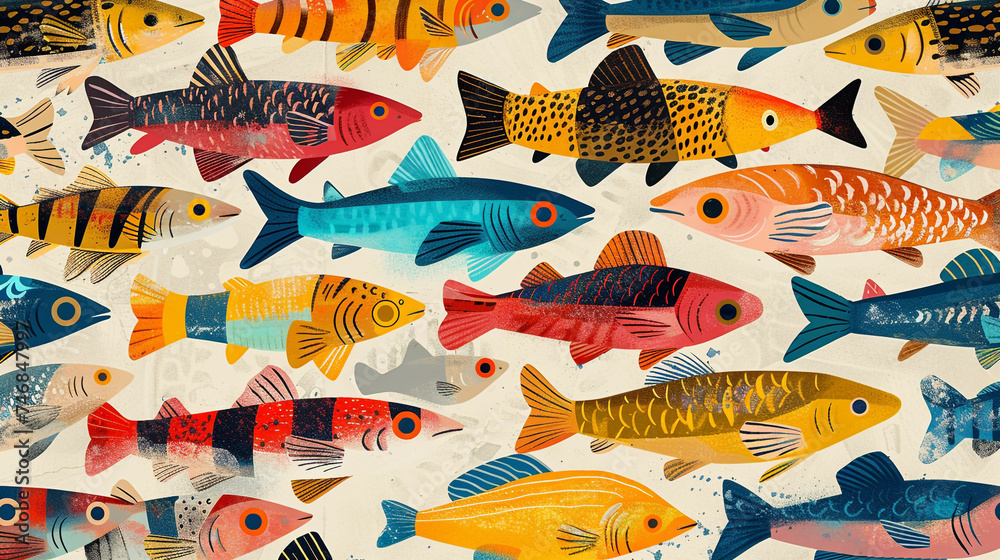 A poster design shows lots of vibrant colorful fish in various colors. In the style of pattern-based painting.