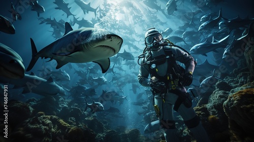 a scuba diver feed a very big tiger shark. concept of travel and diving tools. love for nature