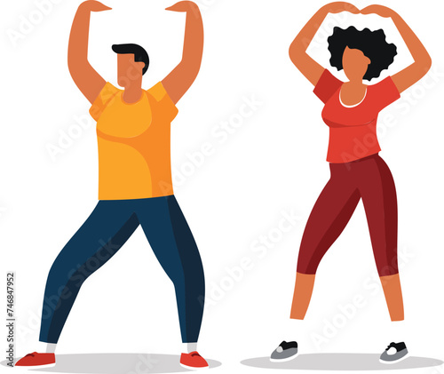 Multicultural man woman exercise together. Male female characters doing morning workout, fitness activity. Diversity sports, couple training, healthy routine vector illustration