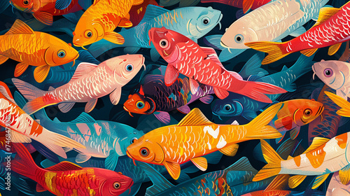 A poster design shows lots of vibrant colorful fish in various colors. In the style of pattern-based painting.