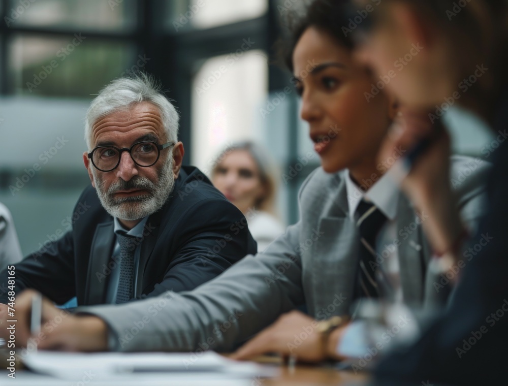 Fototapeta premium Multicultural team of executives led by a mature Caucasian male CEO conducts research in a boardroom