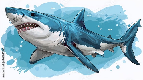 Great white shark with open mouth with a splash of water isolated on white background.