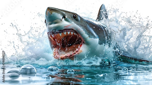 Great white shark with open mouth with a splash of water isolated on white background. © Vasiliy