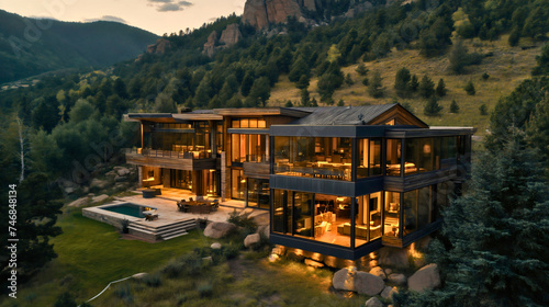 Luxurious hotel or villa building made of glass, expensive apartment or mansion landscape in the mountains. Resort for the tourists who are coming for the weekend, residential architecture, wilderness