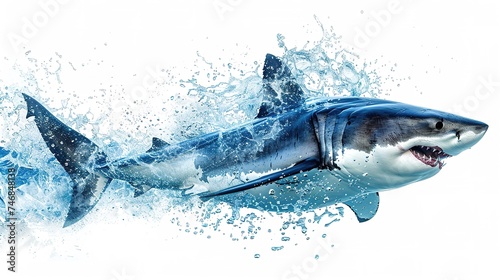 Great white shark with open mouth with a splash of water isolated on white background.