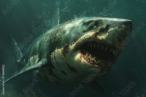 A very scary white shark with an open mouth in the ocean. A cinematic attack