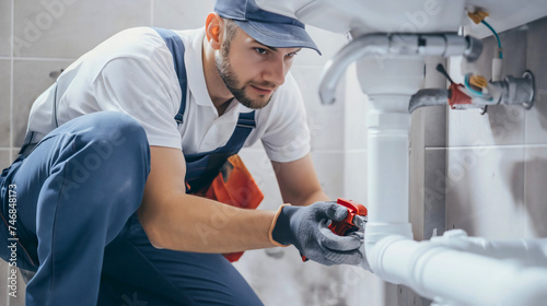 Young handsome plumber wearing a working uniform and a cap, kneeling down in the bathroom to fix or repair the white pipes under the sink. Home service or maintenance, professional handyman job photo