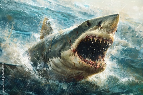 A plus four meter great white shark jumping out of the water with an open mouth full of teeth
