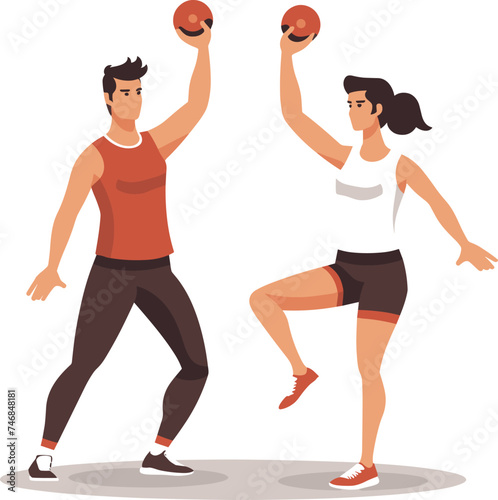 Fototapeta Naklejka Na Ścianę i Meble -  Young man woman exercising dumbbells. Fit couple workout together, fitness training. Active lifestyle, gym session, bodybuilding vector illustration
