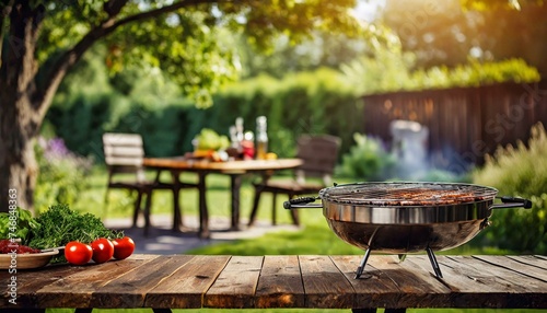 Summer time in backyard garden with grill BBQ, wooden table, blurred background