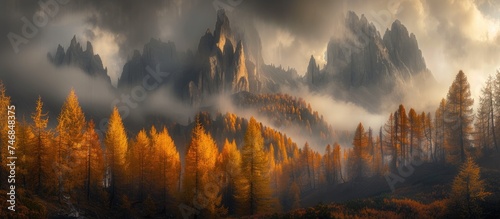 A painting depicting a majestic mountain range with a larch forest in the foreground, showcasing the beauty of the Dolomites in autumn.