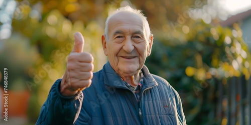 Aged good looking smiling senior grandpa with the thump up on clean white background, retirement promo concept for old man