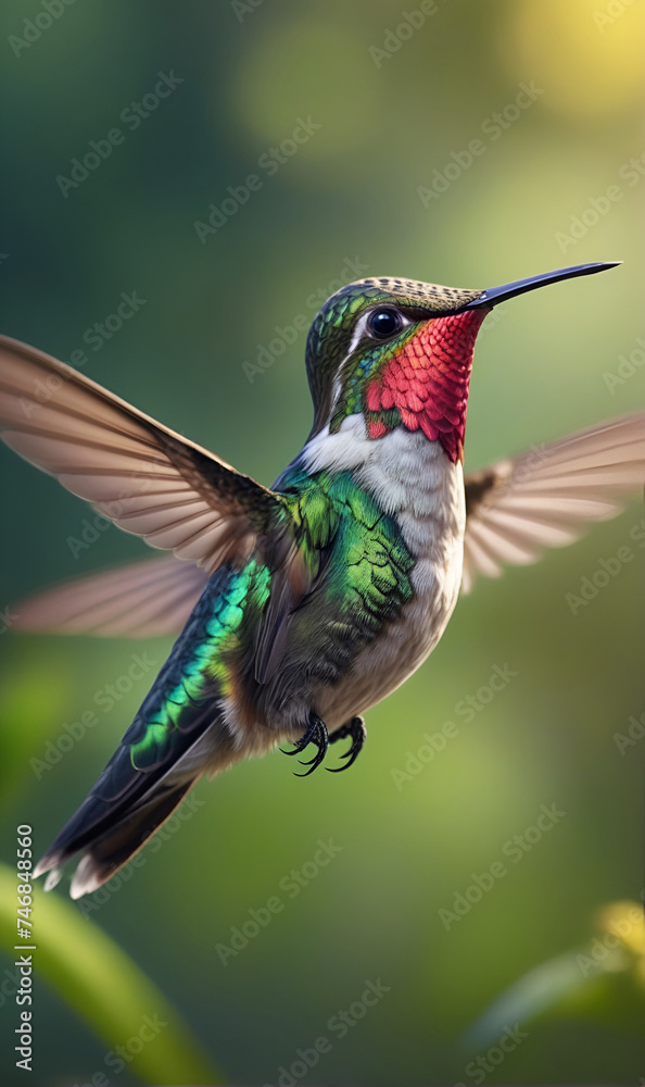 Fototapeta premium a hummingbird-like bird perched on a branch next to the flowers.