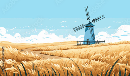 field of wheat with windmill vector simple 3d isolated illustration