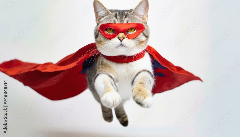 Superhero cat , Cute white tabby kitty with a red cloak and mask jumping. White background. Superhero cat , Cute white tabby kitty with a red cloak and mask jumping. White background.