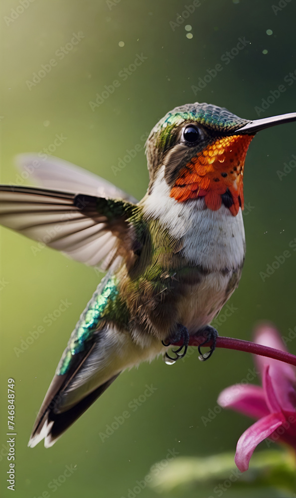 Fototapeta premium a hummingbird-like bird perched on a branch next to the flowers.
