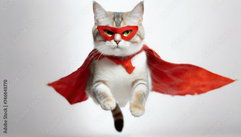 Fototapeta premium Superhero cat , Cute white tabby kitty with a red cloak and mask jumping. White background.