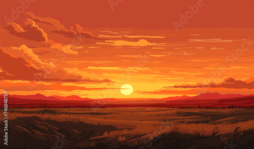 fiery sunset over a prairie vector simple 3d smooth isolated illustration