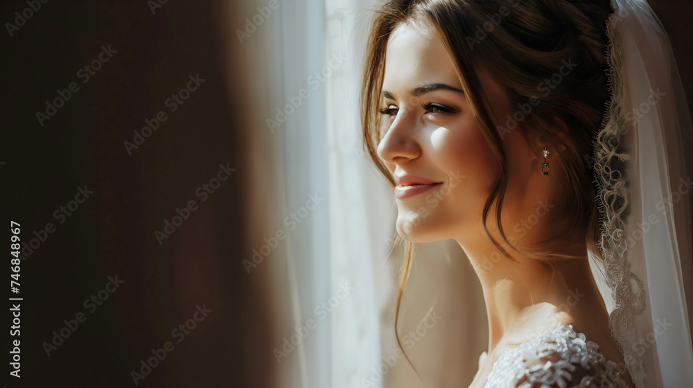 Closeup portrait of a beautiful young bride, youthful woman or lady wearing a white wedding dress, looking through the window and smiling. Female marriage spouse elegance,happy Caucasian model in love