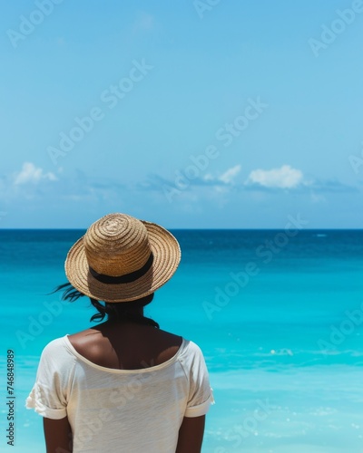 Woman gazing at serene turquoise sea, summer vacation concept