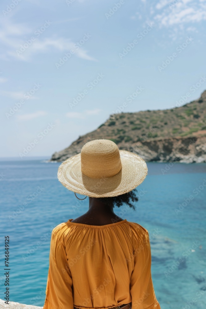 Woman gazing at the ocean in tropical destination with serene sky