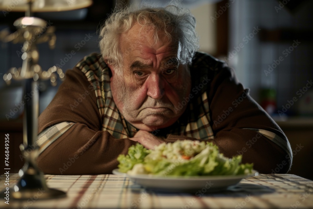 Overweight man sadly staring at a salad dish Overweight man sadly staring at a salad dish