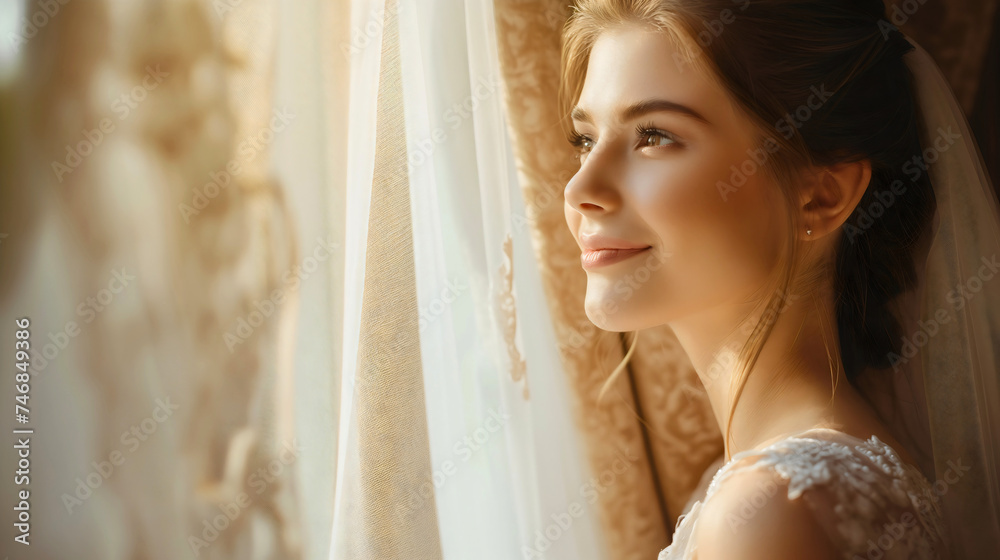 Closeup portrait of a beautiful young bride, youthful woman or lady wearing a white wedding dress, looking through the window and smiling. Female marriage spouse elegance,happy Caucasian model in love Closeup portrait of a beautiful young bride, youthful woman or lady wearing a white wedding dress, looking through the window and smiling. Female marriage spouse elegance,happy Caucasian model in love