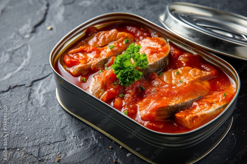 Photo of open tin can with pickled sardines in tomato sauce nobody in sight Photo of open tin can with pickled sardines in tomato sauce nobody in sight