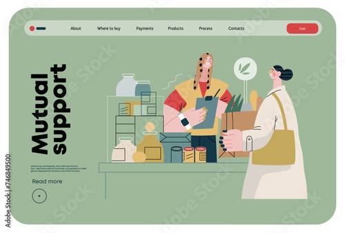 Mutual Support: Bringing groceries to food bank -modern flat vector concept illustration of people donating food to food pantry A metaphor of voluntary, collaborative exchanges of resource, services