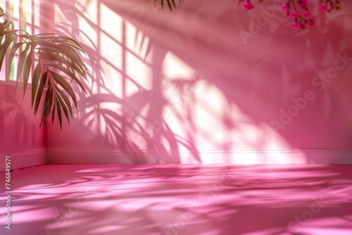 Pink gradient background for product presentation Empty room with window shadows flowers and palm leaves 3d room with copy space Concert backdrop © VolumeThings