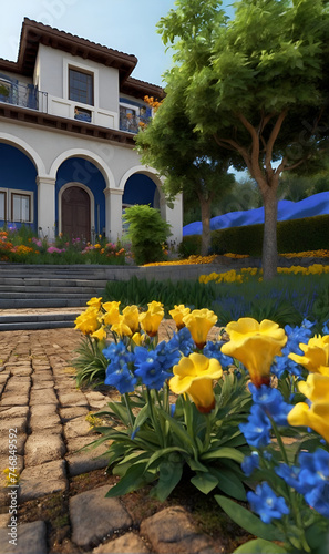 Flower garden in the courtyard with the castle in the background