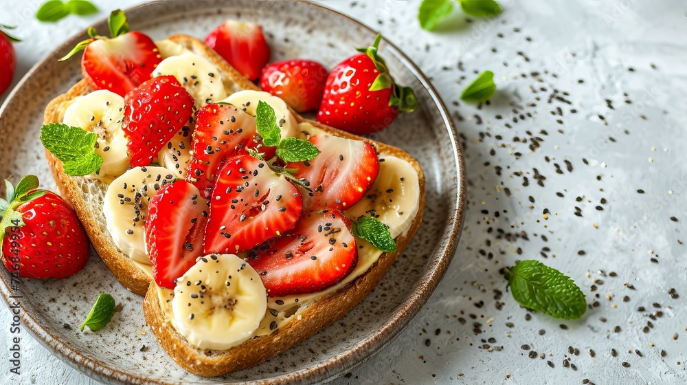 Top view of fresh strawberry and banana sandwich on white table healthy diet breakfast option Top view of fresh strawberry and banana sandwich on white table healthy diet breakfast option