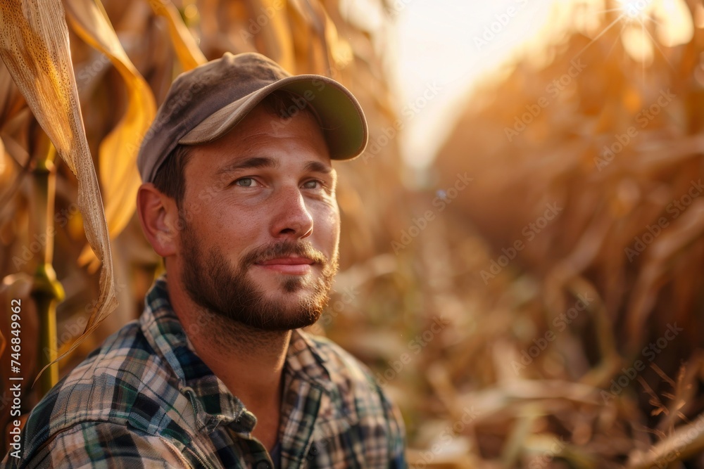 Portrait of a young farmer in a cornfield with harvested corn a harvester and a tractor with sunlight Depicting farming as a small business in agric Portrait of a young farmer in a cornfield with harvested corn a harvester and a tractor with sunlight Depicting farming as a small business in agric