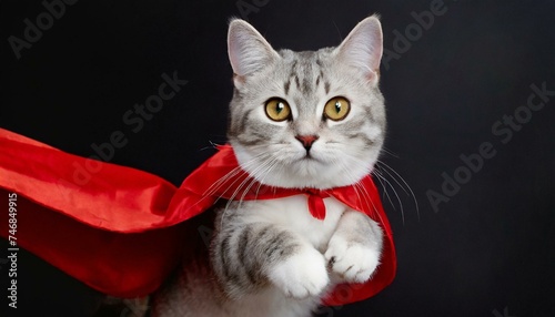 Superhero cat , Cute white tabby kitty with a red cloak and mask jumping. Black background.  © adobedesigner