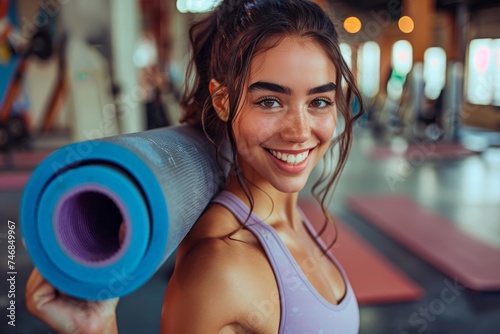 Portrait of a young woman in a fitness studio holding a yoga mat photo