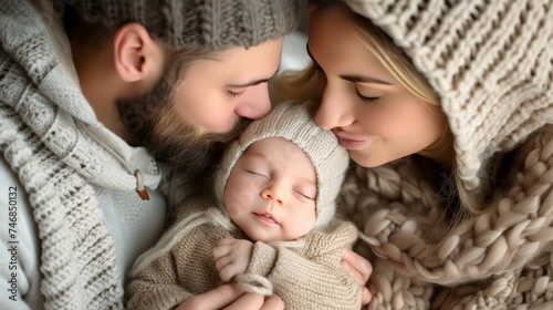 Loving parents kissing their newborn baby with joy and tenderness in close up portrait.