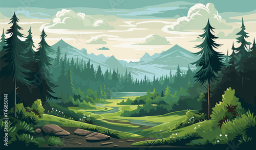 Forrest landscape with grass, nature inspired eco vector illustration