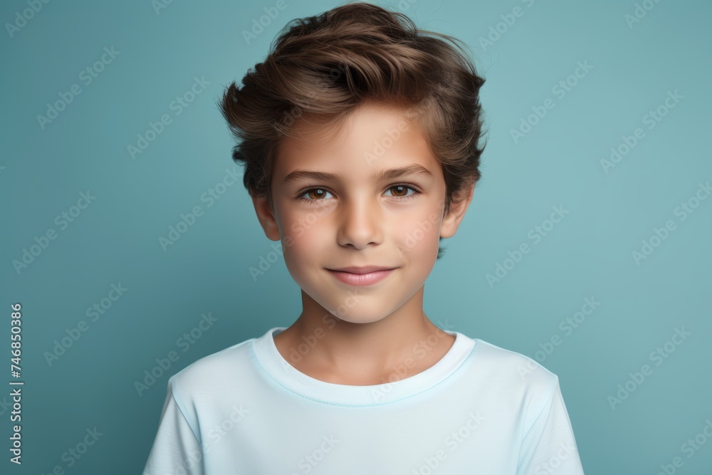 Portrait of a cute little boy in a white T-shirt on a blue background Portrait of a cute little boy in a white T-shirt on a blue background