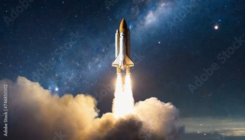 The spaceship takes off into the starry sky. The rocket launches into space. concept  photo