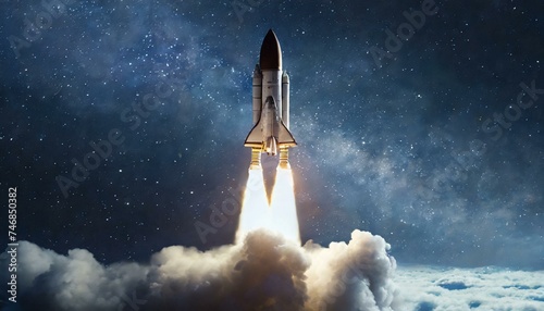 The spaceship takes off into the starry sky. The rocket launches into space. concept 