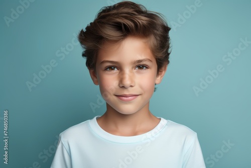 Portrait of a cute little boy in a white T-shirt on a blue background