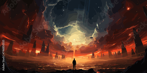futuristic man standing and looking at the sky with a strange beam of light., digital art style, illustration painting