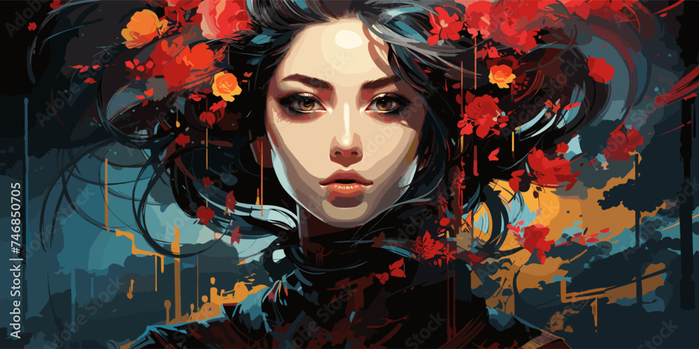 Portrait of a Japanese geisha with a painted face. Cyberpunk neon lights vector flat bright colors