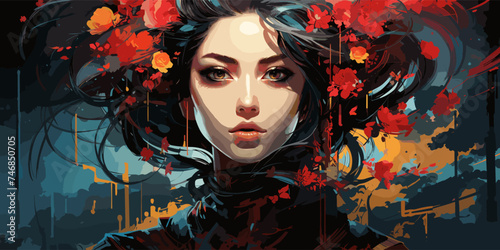 Portrait of a Japanese geisha with a painted face. Cyberpunk neon lights vector flat bright colors