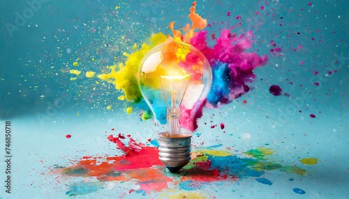 Creative light bulb explodes with colorful paint splashes and shards of glass on a black background. Think differently creative idea concept. Dry paint splatter. Brainstorm and think	
 photo