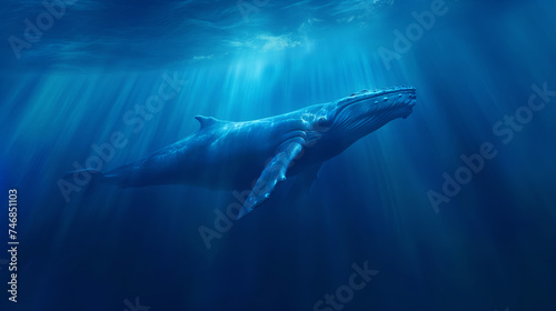 Craft a visual narrative set in a cinematically styled deep blue sea. Envision a colossal blue whale gliding through the water, illuminated by sunbeams that penetrate the ocean's surface